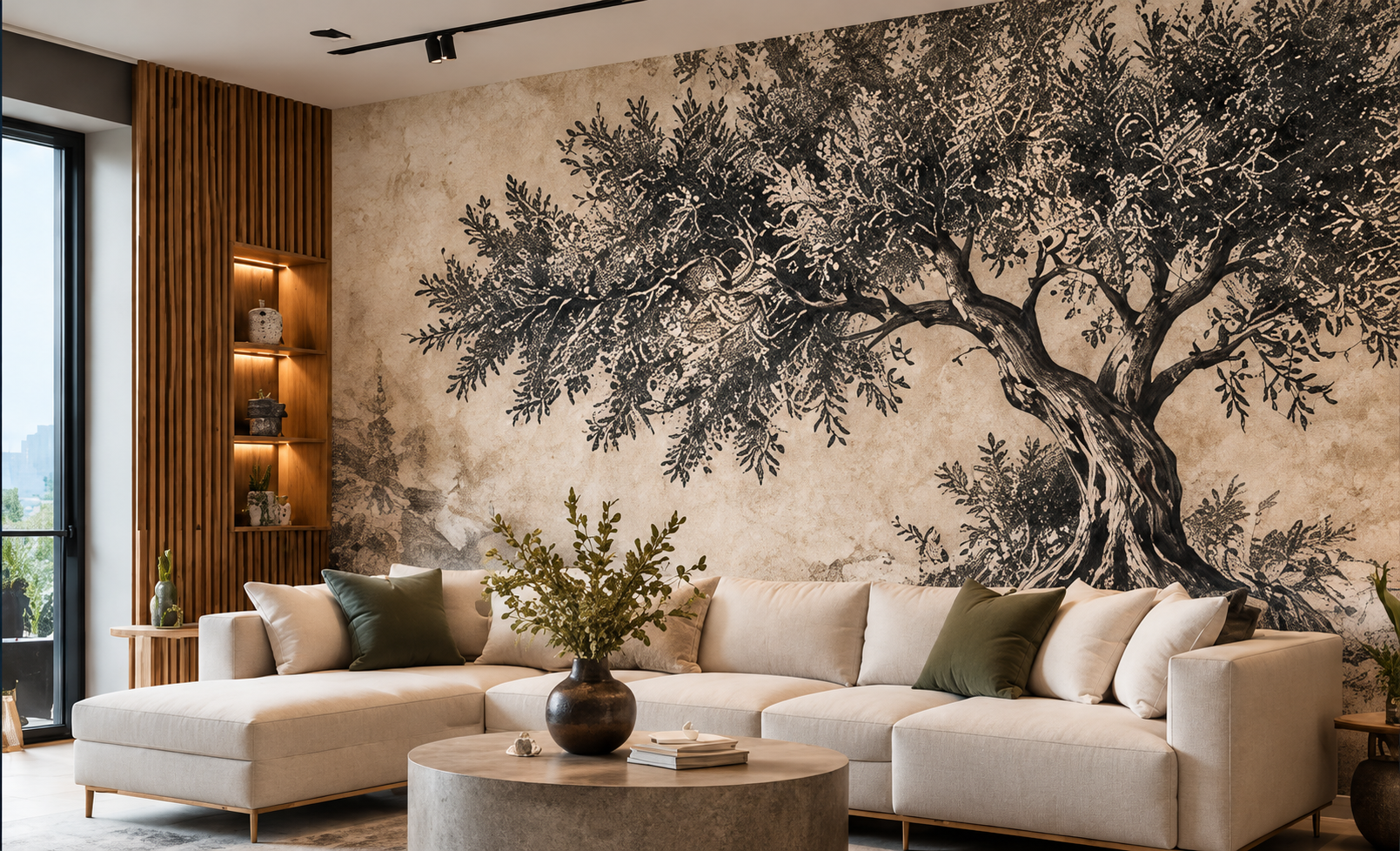 Illustrative living room with a minimalist artistic tree mural, neutral sofa and warm natural furnishings.
