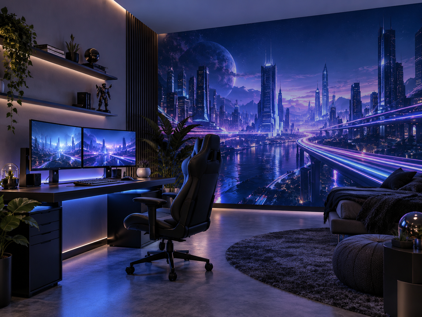 Illustrative gaming room with a purple futuristic city mural, dual monitors, gaming chair and blue ambient lighting.