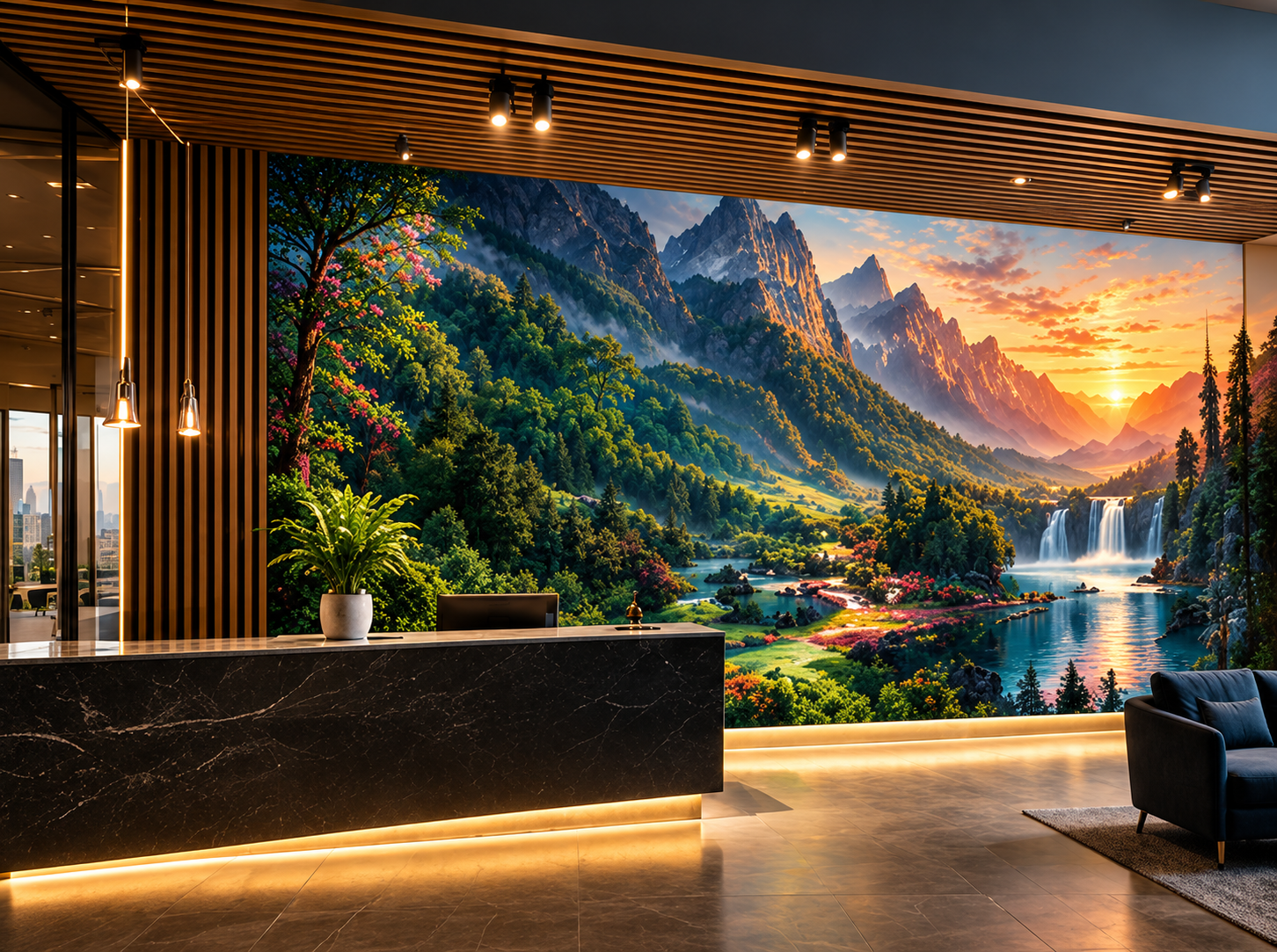 Illustrative concept of an immersive mountain landscape mural in a premium reception interior.