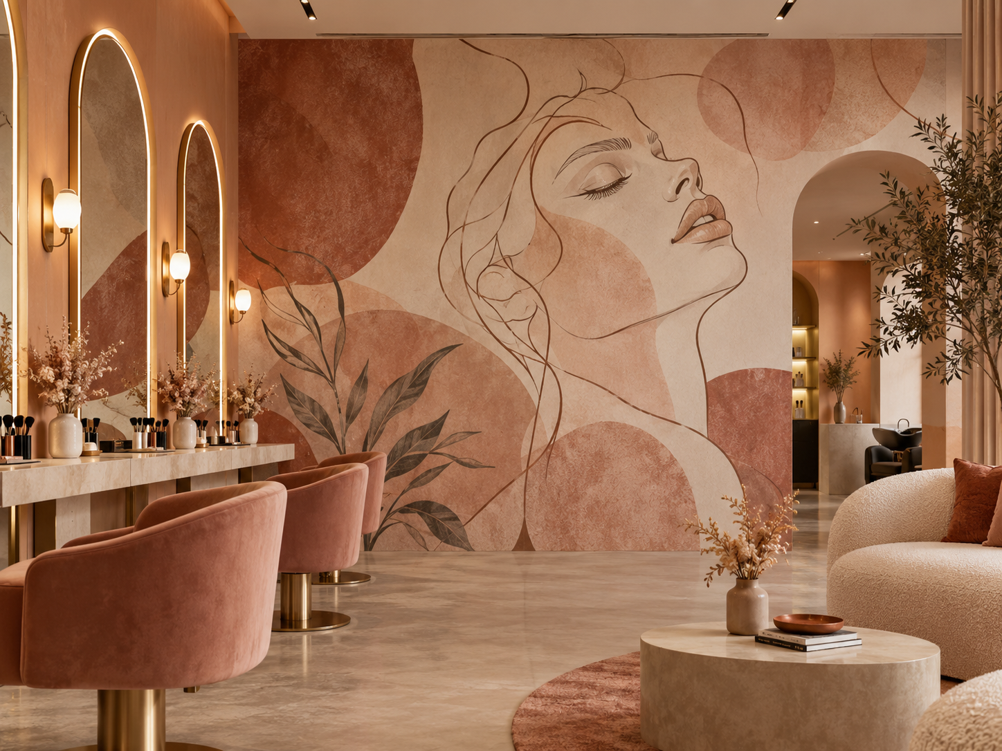 Illustrative beauty salon with a terracotta line-art face mural, pink chairs, illuminated mirrors and a softly lit arched doorway.