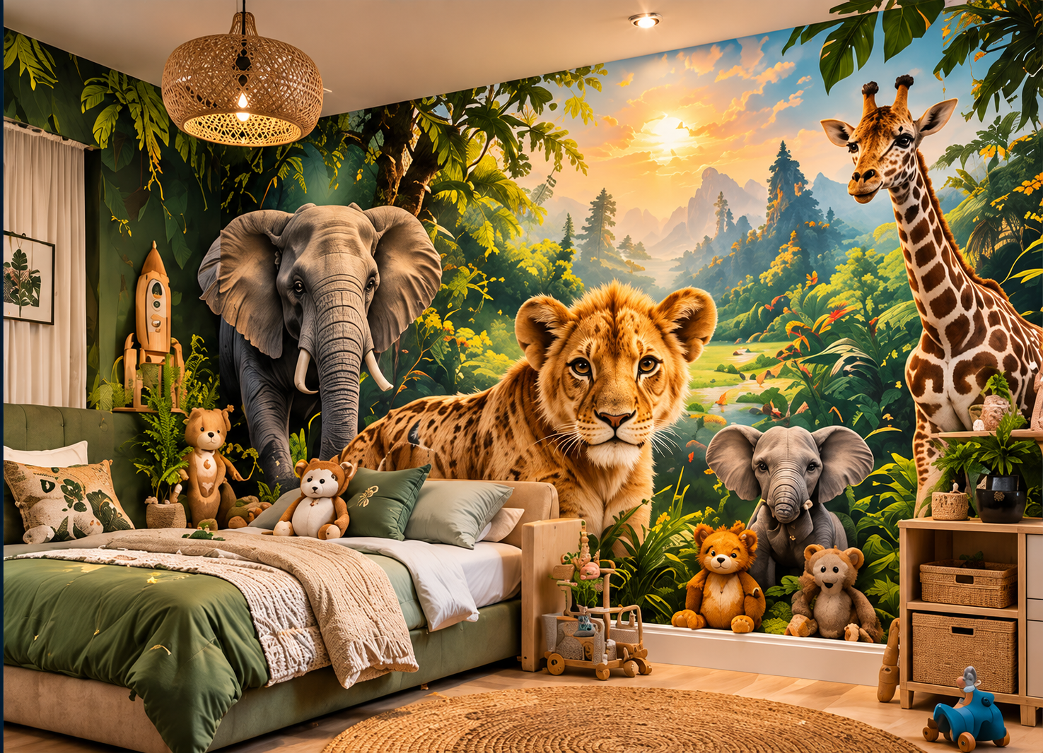 Illustrative jungle safari mural in a child’s bedroom, with elephants, a lion cub and giraffe.