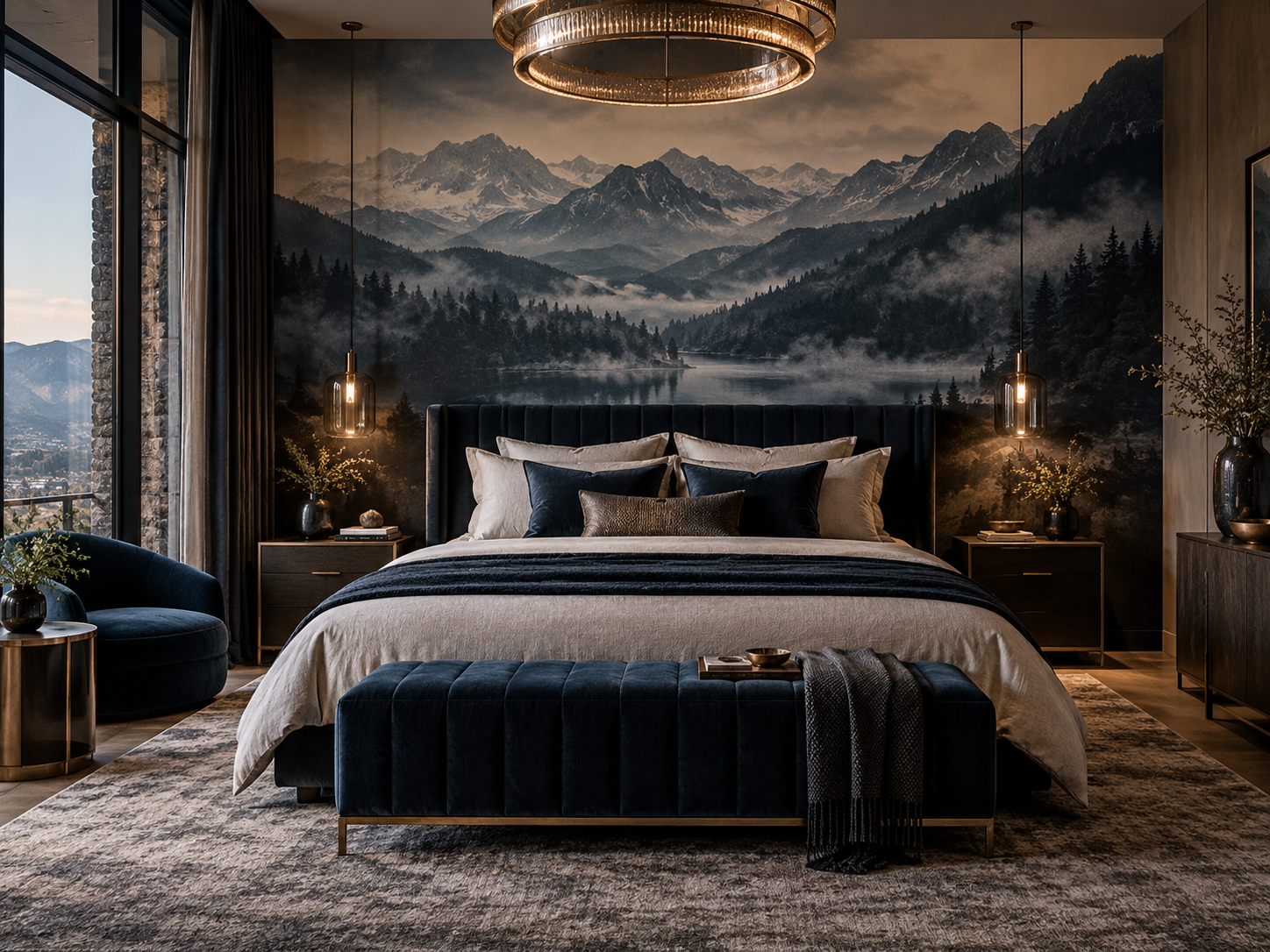 Illustrative luxury bedroom with a dark mountain and misty forest mural, navy upholstered bed and warm pendant lighting.