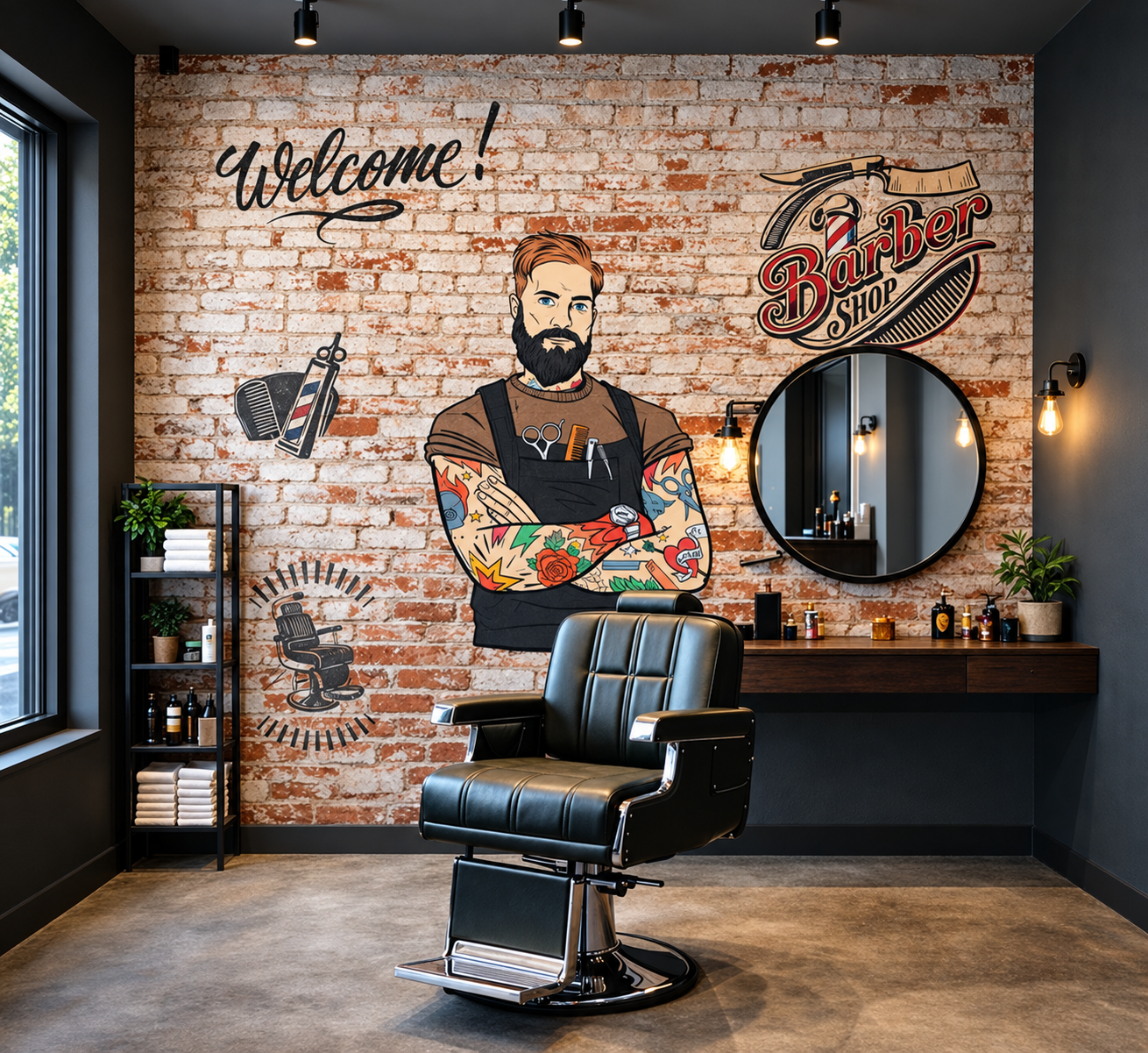 Illustrative barbershop with a bearded barber mural on a brick feature wall, black barber chair and round mirror.