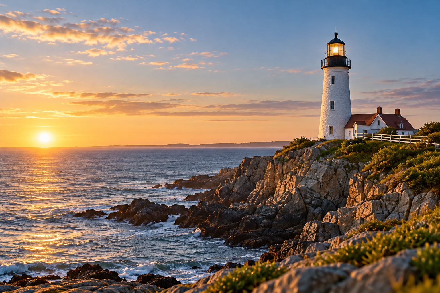 White lighthouse overlooking a rocky coastline at sunset