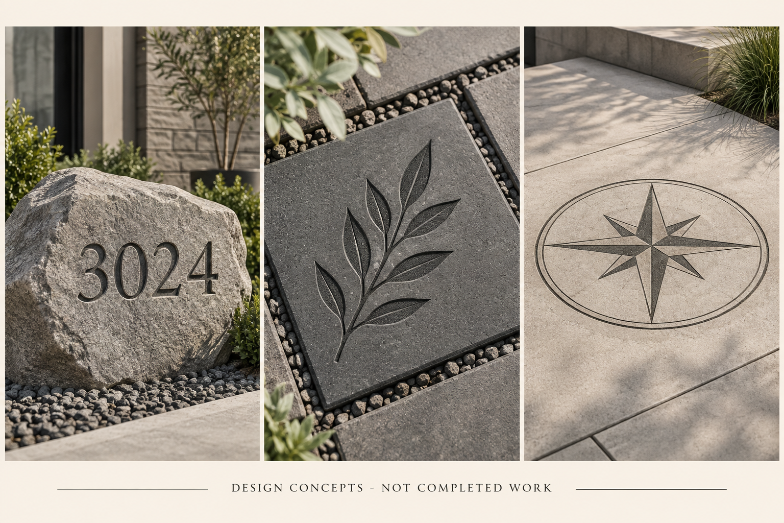 Computer-rendered address stone, leaf paver and compass rose in concrete. Not completed work.