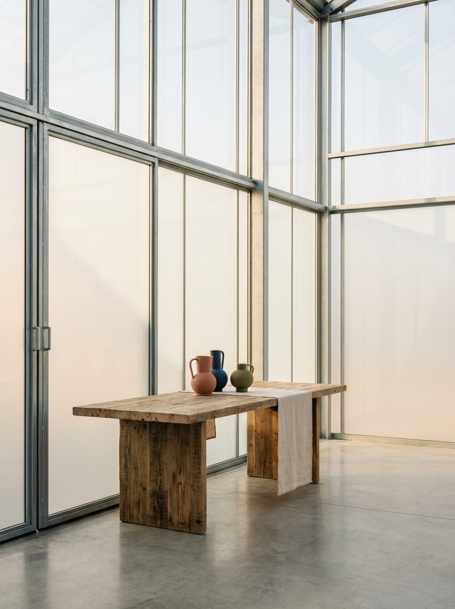 Mesa de madera con cuatro jarrones de colores en un espacio con paredes de vidrio y estructura metálica.