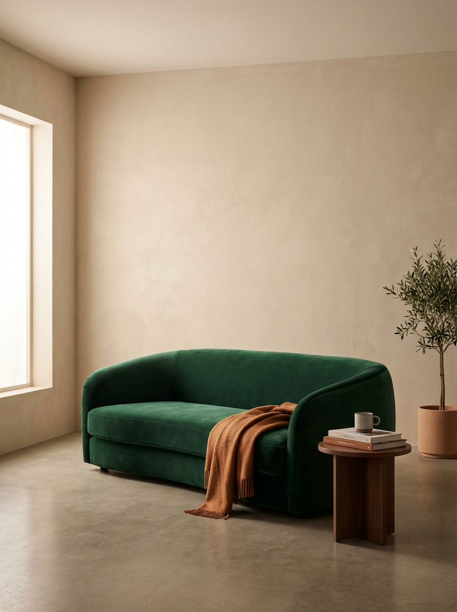 Sofá verde en una sala minimalista con paredes claras y una ventana que entra luz natural, acompañado de una mesa de madera con libros y una taza, y una planta en una maceta.