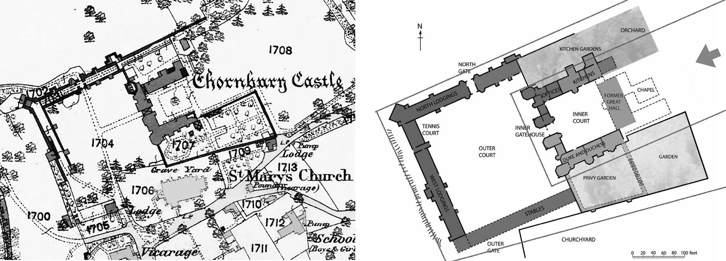 Figure 4.1: (left image): Site plan and courtyards of Thornbury Castle and environs with castle and walls, church, missing the Great Hall at the open end of the Inner Court. This work is a derivative of a composite layer of 1:2500 scale Ordnance Surv