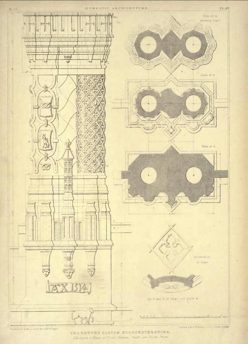 PLATE 2.6: Main brick chimneys at Thornbury Castle built in the Inner Court, dated 1514. Drawing by A. Pugin and A.W. Pugin in Examples of Gothic Architecture, Vol. II, (Edinburgh:1895) Plate XV, p176. Retrieved from Internet Archive at https://archi
