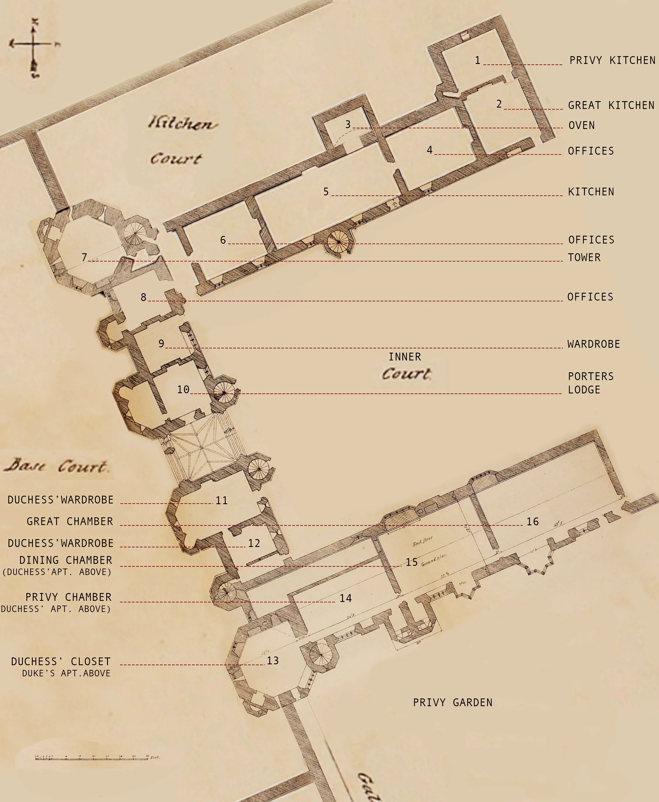 PLATE 2.4: Reconstructed plan by author: Thornbury Castle showing Inner Court opening to healthful north-east winds. The kitchen spaces and garden are on the north side, valuables in the west “fortified” side in the wardrobe and offices, and living q