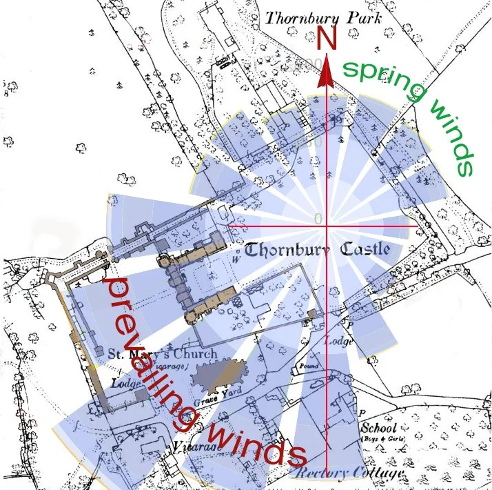 PLATE 2.5: Wind Rose for Thornbury Castle showing annual wind directions. Each spoke indicates the frequency of winds from each direction (the longer the spoke, the more frequent the wind from that direction). The most common prevailing winds are fro
