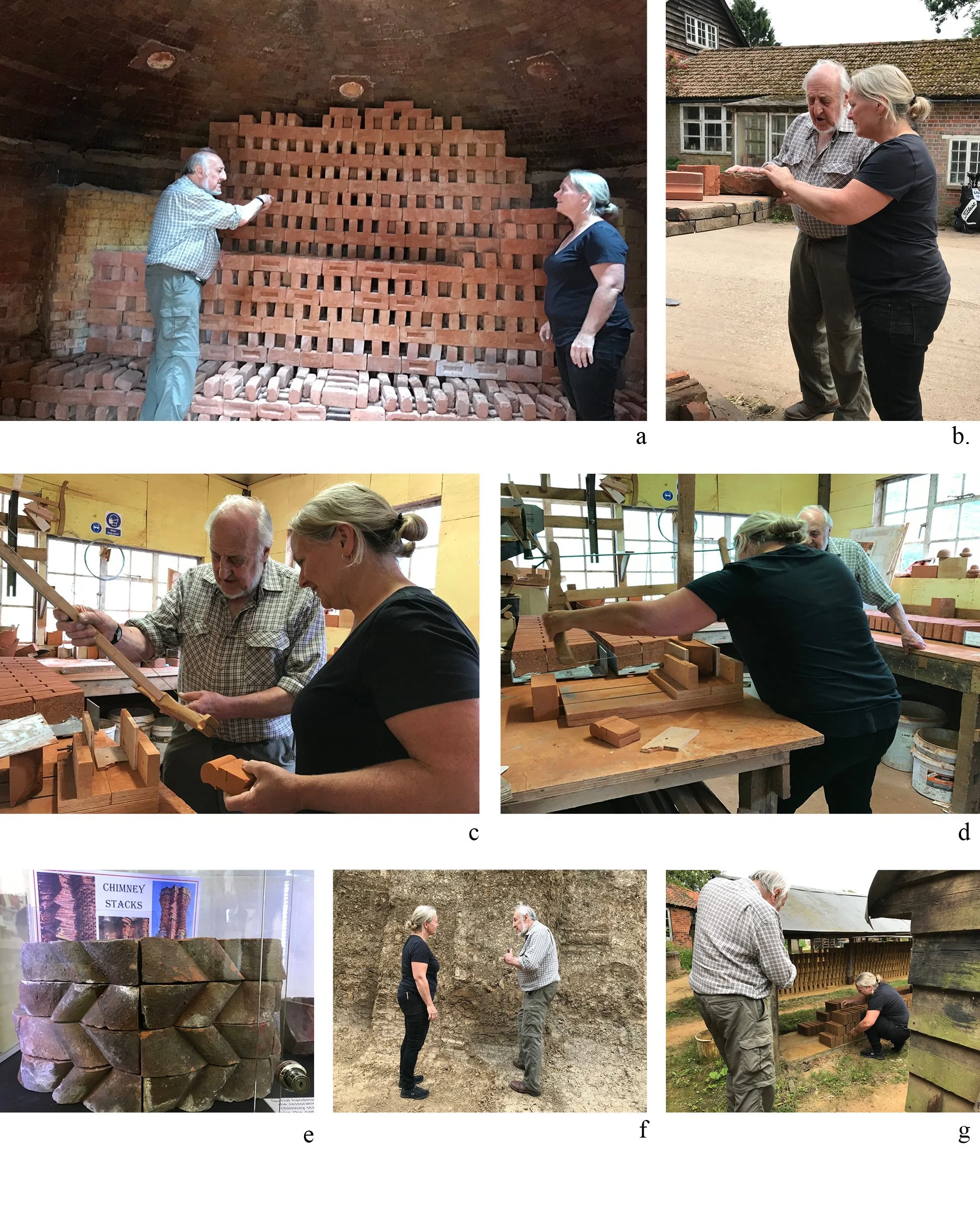 PLATE 2.9: Learning about cut-and-rubbed brickwork from Peter Minter, June 2018: a) bricks stacked in his dome kiln, b) feeling the unique proportions and weight of bricks from different periods of time, c) Peter describing how to feel the tension in