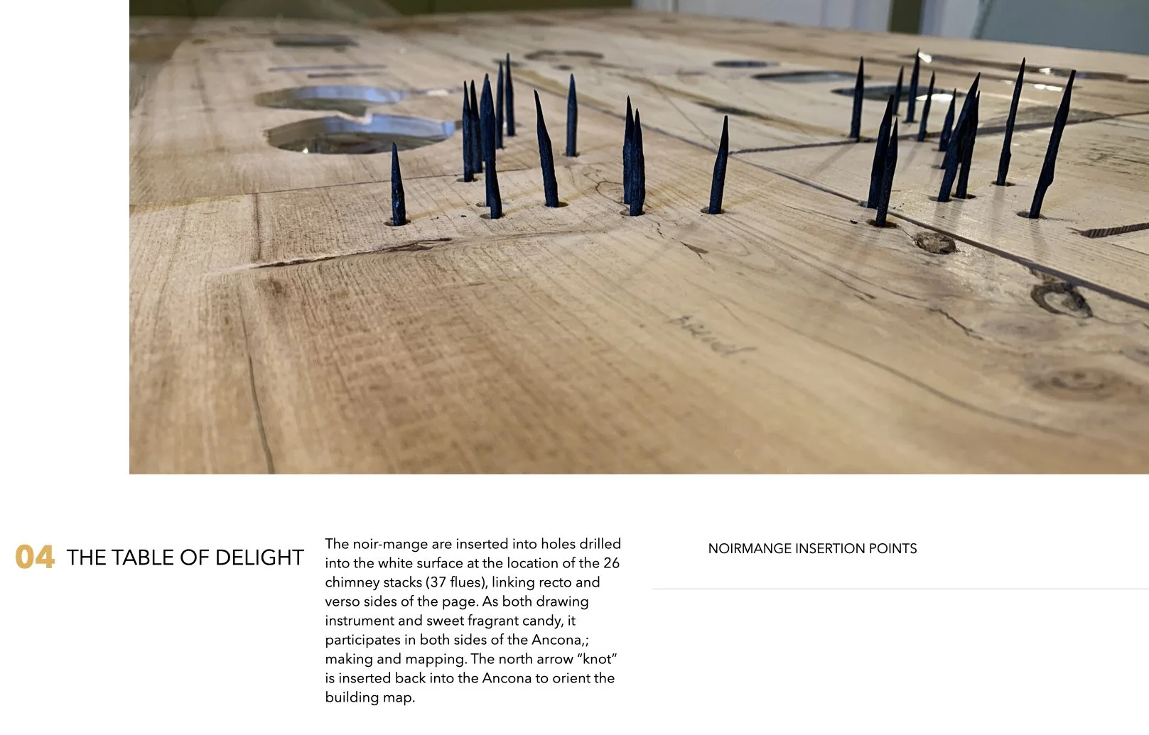 PLATE 2.61: Noirmange as key: Inserted through ancone like chimneys, the Noirmange bridges from recto to verso and joins the space of the workshop (verso) to the space of the Fragrance Map (recto) creating a projected field of sensory delight from wh
