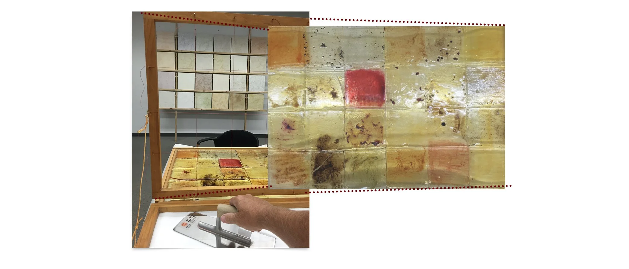 PLATE 2.33: Confectionary window detail. 24” x 16” x ¼” candy-glass window tinted with herbs, flowers and other fragrant and spicy pigments. Work originally exhibited in EV3.760, Concordia University, 9 August 2017
