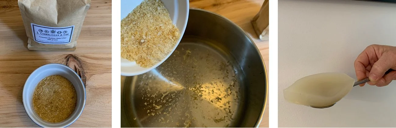 PLATE 2.52: Preparing rabbit skin glue. Dried rabbit-skin was cooked in a double-boiler and then let rest overnight. The resulting glue, or size, is reheated before use, and painted onto the wooden panels, bonding with the next layer.