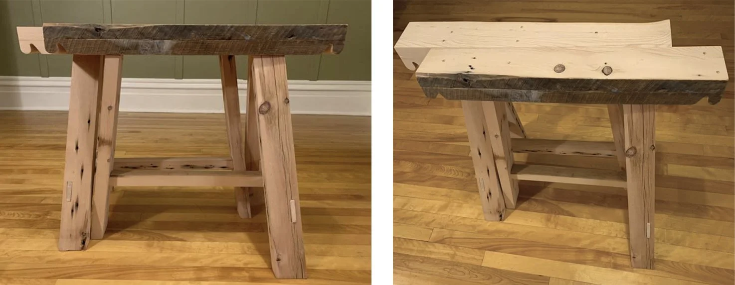 PLATE 2.50: Completed trestles built by the author following measurements of the medieval trestles posted online by the St.Thomas Guild at https://thomasguild.blogspot.com/2012/07/a-15th-century-trestle-table-from-bruges.html of the 15th century tres