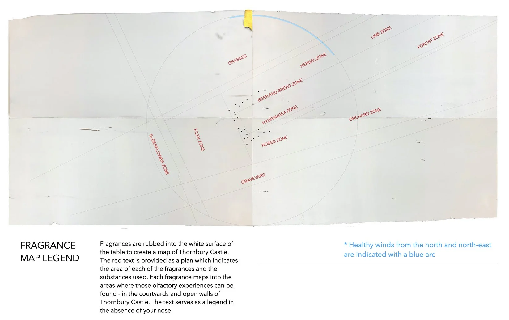PLATE 2.59: Fragrance Map legend. Zones of fragrance on the recto surface of the table. The lines shown on this image are used only to communicate the areas where I have rubbed fragrances into the table. The actual “drawing” is not perceived by the e