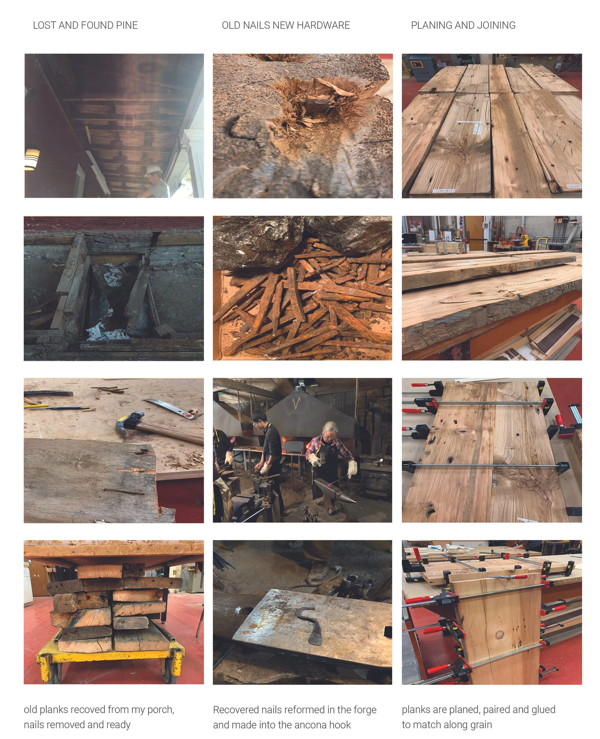 PLATE 2.46: Harvesting planks from my house in Ottawa. I salvaged the white pine used for the coal chute to my basement for the wood components of the table, leaving the hand-hewn edge of the carpenter before me; I reforged the nails which I removed 