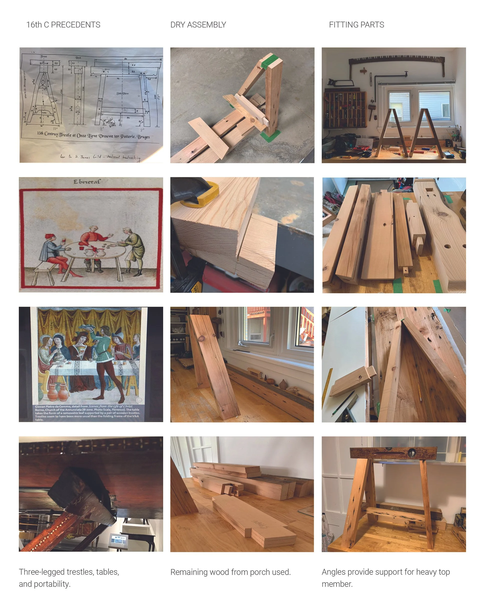 PLATE 2.47: Building the three-legged trestles: I followed 15th century models, in particular the one in the Onze Lieve Vrouwe ter Potterie, Bruges, Belgium; cut the mortise and tenon joints, dry-fitted the parts and assessed the level.