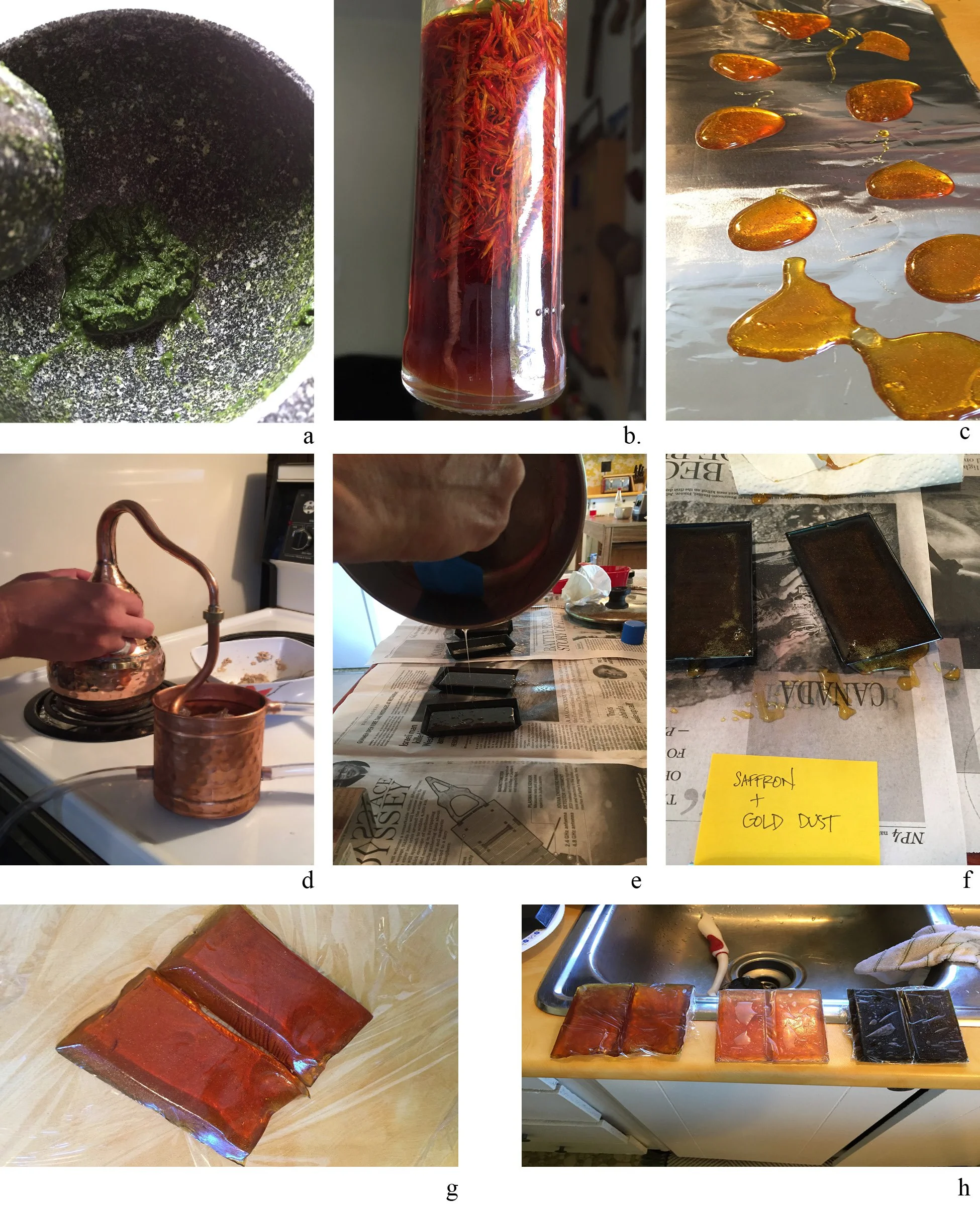 PLATE 2.30: Pounding, distilling and assaying. Confectionary window pigments: a) green herbs from my garden, b) steeping saffron, c) casting saffron candy, d) using the copper alembic to distill mint, e) experimenting with temperature for candy, f) c