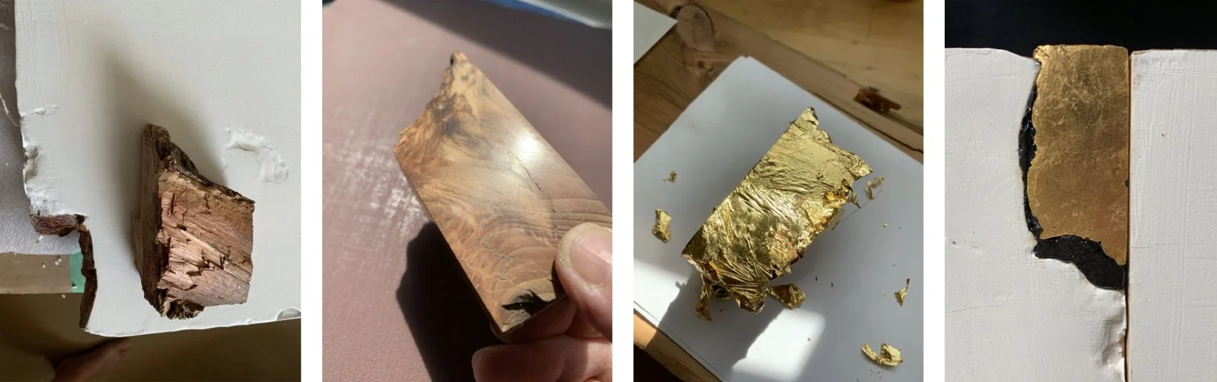 PLATE 2.57: North Arrow for the drawing created by sanding and polishing a knot which had fallen out along the edge of the panel, gilding it and gluing it back in place with sweet pine pitch glue.