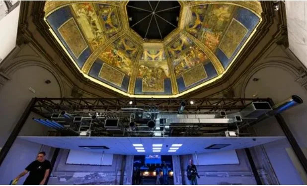 PLATE 2.20: "Ceiling" as the thin space of the architect. Part of the Elements of Architecture exhibit by Office for Metropolitan Architecture. The dropped ceiling juxtaposed against the 1909 painted dome by Galileo Chini. Directed by Rem Koolhaus, V