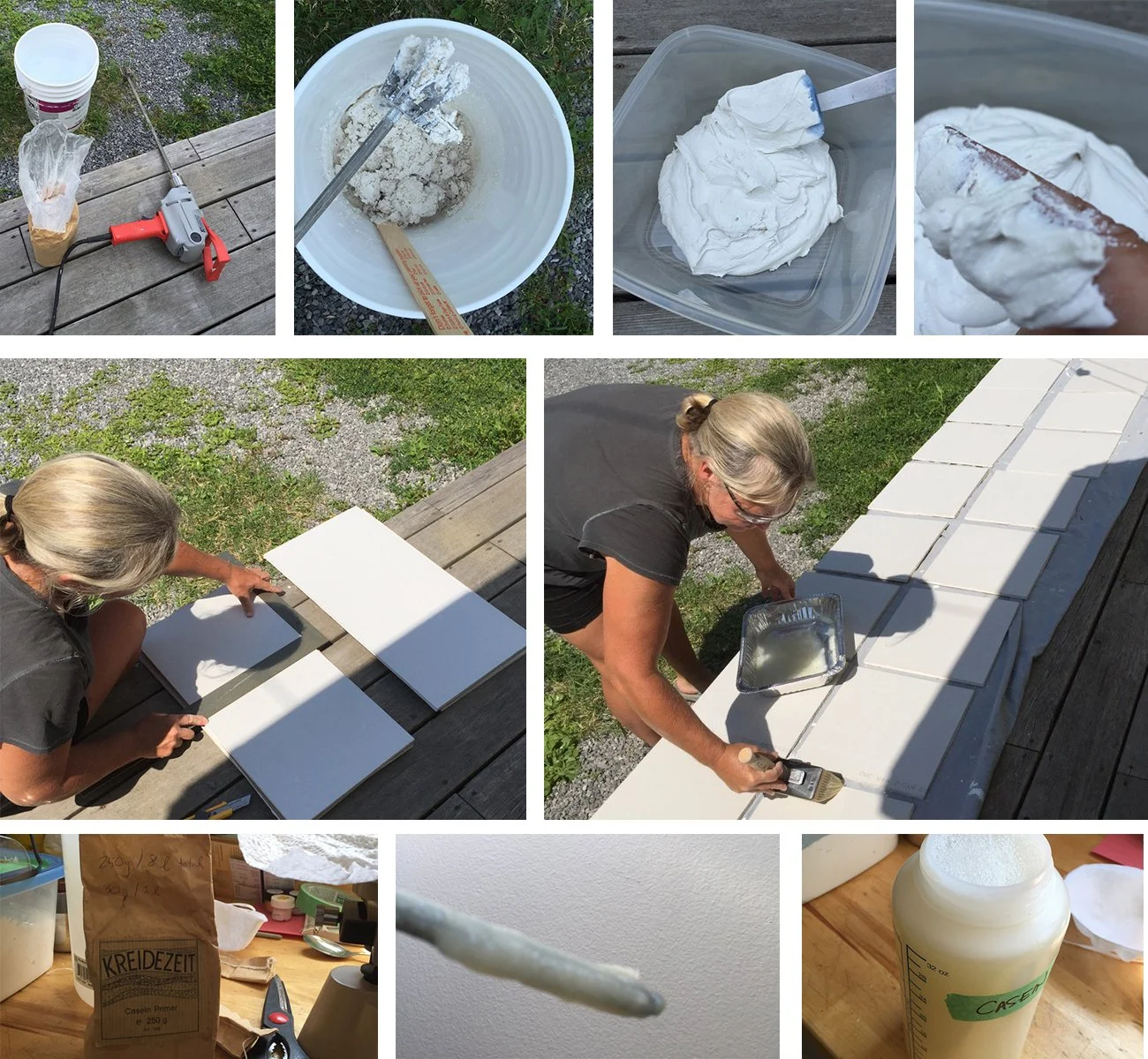 Plate 2.24: Preparation of the wall panels. Top row left to right: mixing lime plaster slaked in 2008, adding water to rehydrate, it becomes a smooth buttery mixture after mixing; feeling the putty to assess readiness. Middle row left to right: cutti