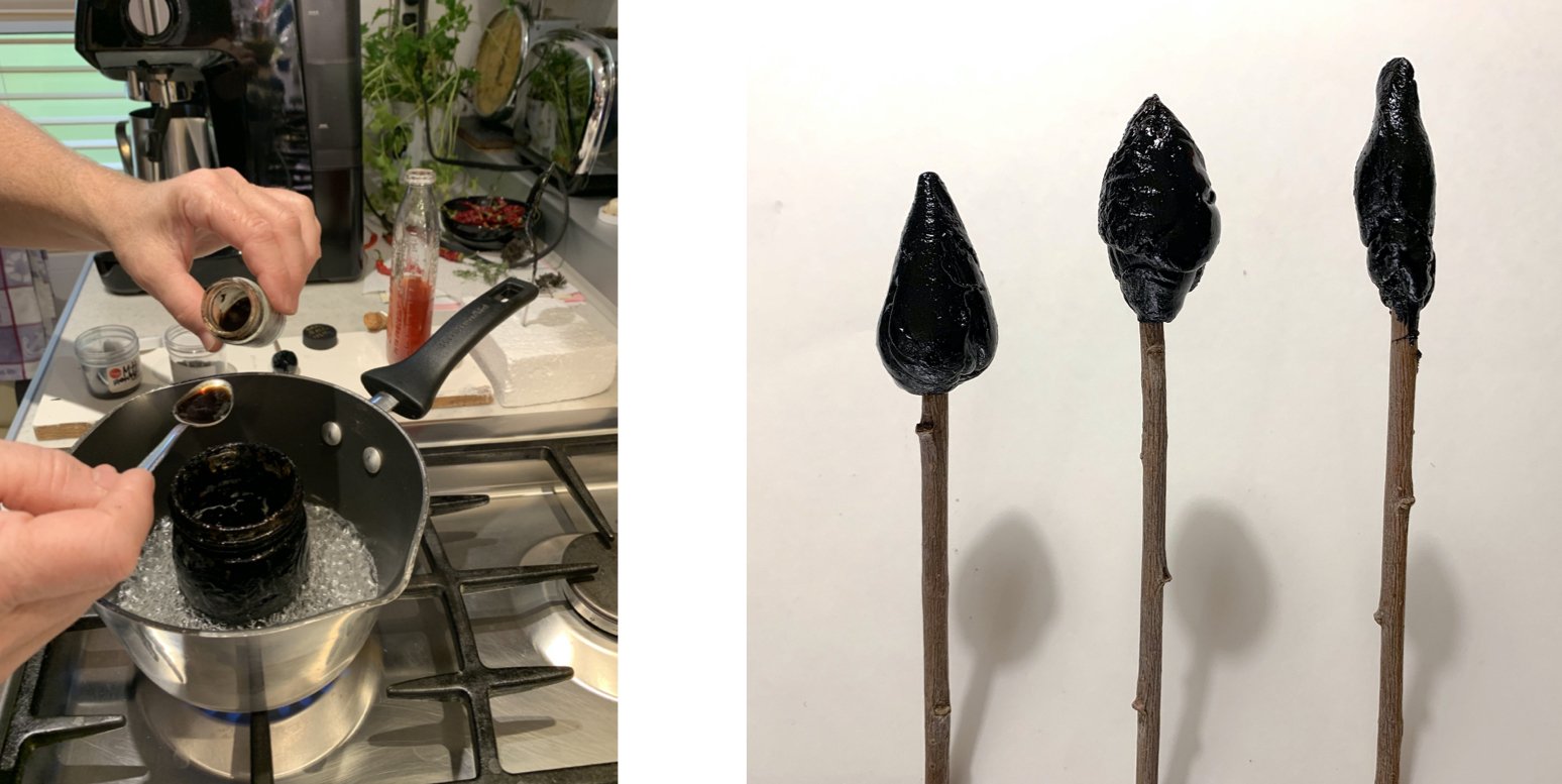 PLATE 2.41: Cooking the black clay: Pine pitch collected into popsicles for storage (right), and then melted in a jar over boiling water with the four other ingredients to create a malleable black clay.