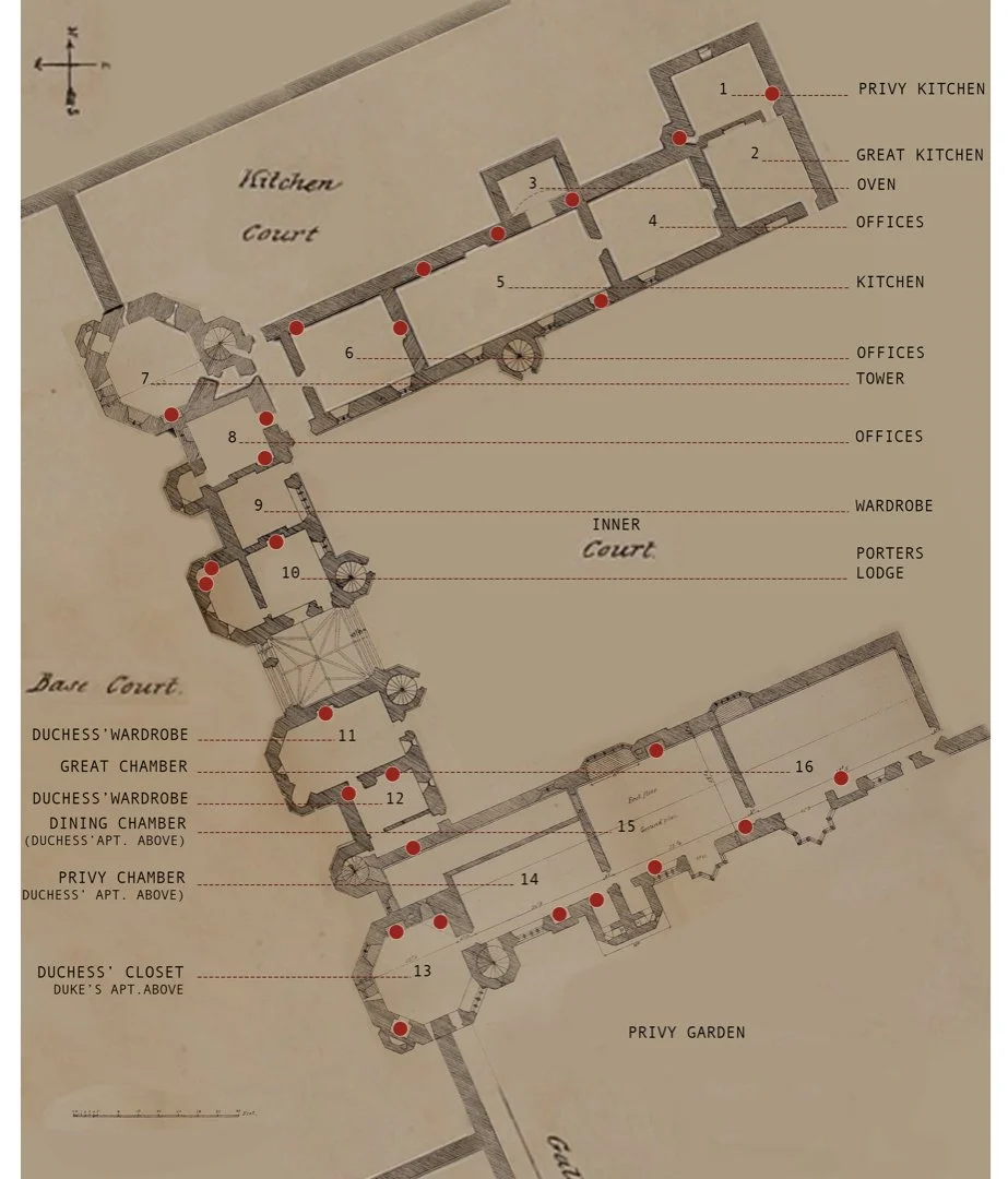 PLATE 2.36: Plan of Thornbury Castle showing chimneys. These openings, which are joints between the earth and the sky (the site of architecture), are where the Noirmange sticks are inserted in the table. Drawing by author composed by fragments taken 