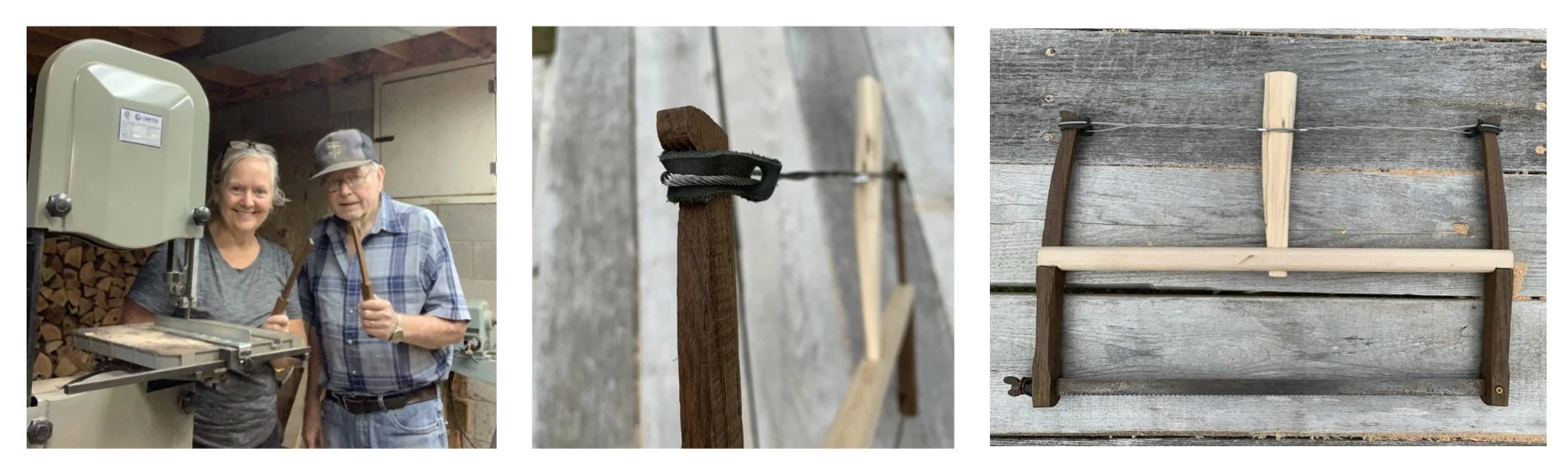PLATE 2.49: Reconstructing a medieval framesaw to build the trestles. Having used a bucksaw at Peter Minter’s workshop (see Plate 1, Image d) I decided to make one using the guidelines from the St. Thomas Guild. The simple tension system created by t
