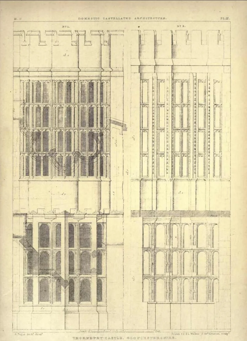 PLATE 2.29: Oriel window at Thornbury Castle. Drawing by A. Pugin in Examples of Gothic Architecture, Vol. II. (Edinburgh, 1895), Plate II. Public Domain.
