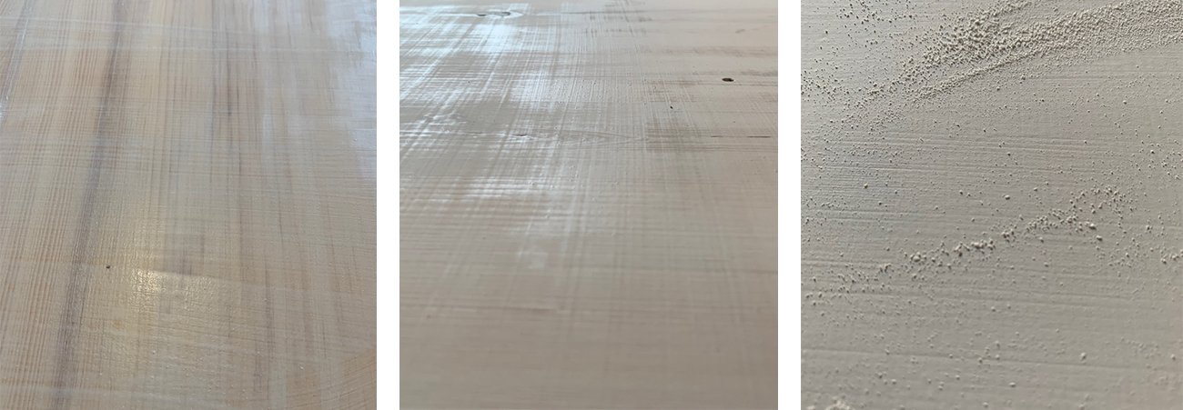 PLATE 2.55: The wood grain disappears as the gesso is applied, and creates a surface resembling the look and texture of linen. From left to right, details from Coat 2, 3 and 4.