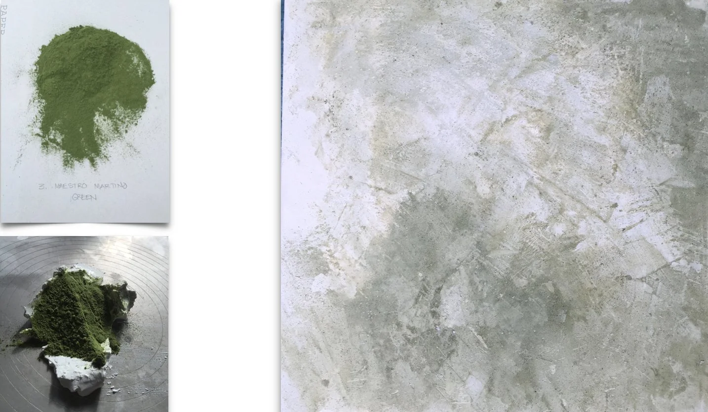 PLATE 2.27: “Martino green panel.” One of 24 panels, each 1foot x 1foot x ½” thick. Sage, parsley, thyme, basil, lime plaster, ½” drywall. Using the recipe of Maestro Martino of Como in his Liber de arte coquinaria (recipe for Green Sauce, 77) for ed
