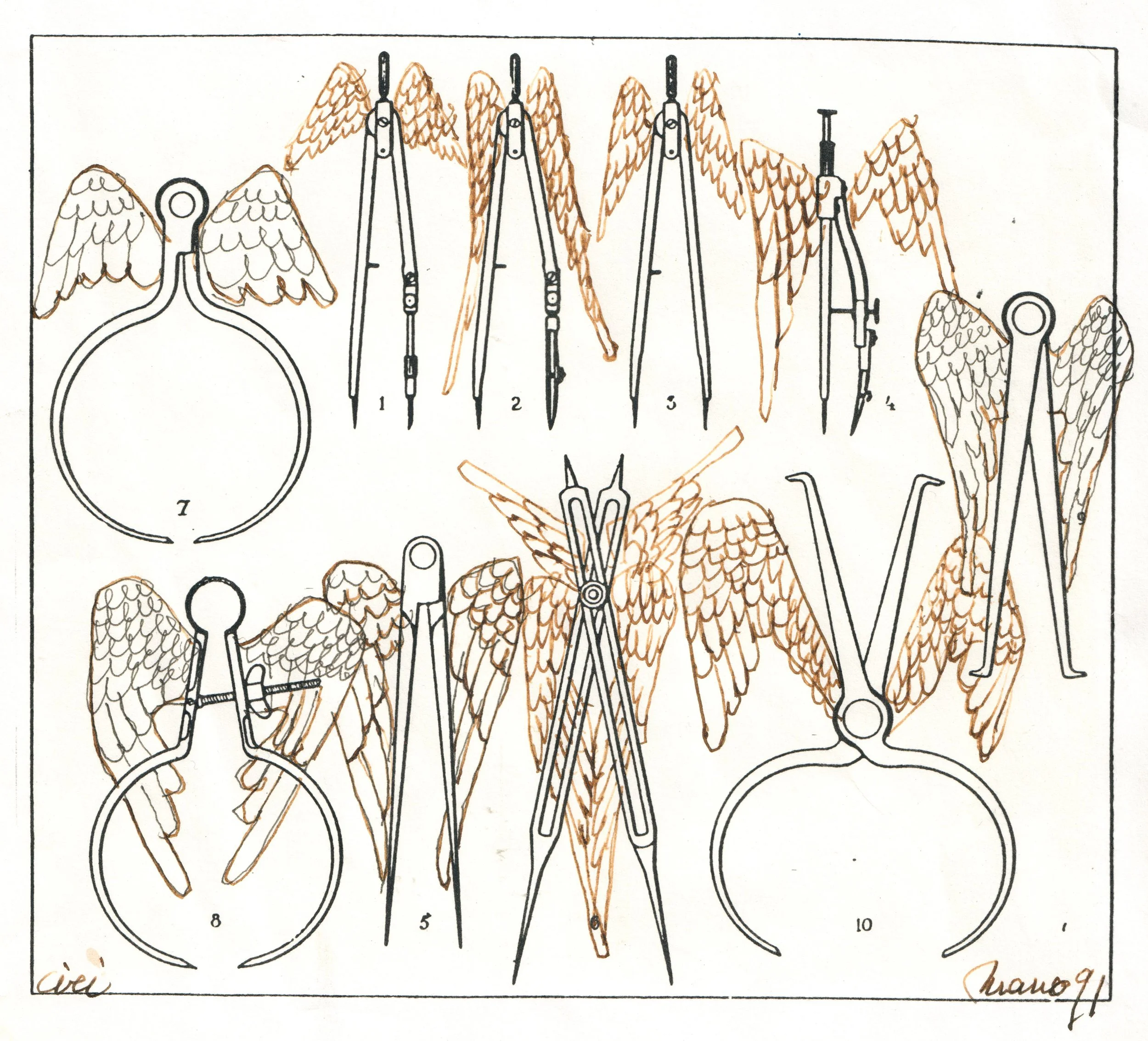 Figure 5.3: Compasses with the wings of imagination. Marco Frascari, 1991. Pen and
ink on print. Collection of the author.