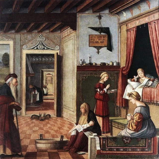 PLATE 2.16 (and Figure 5.2): The Birth of Mary by Vittore Carpaccio, c.1502-04, Painting at Accademia Carrara, Bergamo, Italy, oil on canvas, 127 x 129 cm. Public domain, via Wikimedia Commons available at https://www.wikiart.org/en/vittore-carpaccio