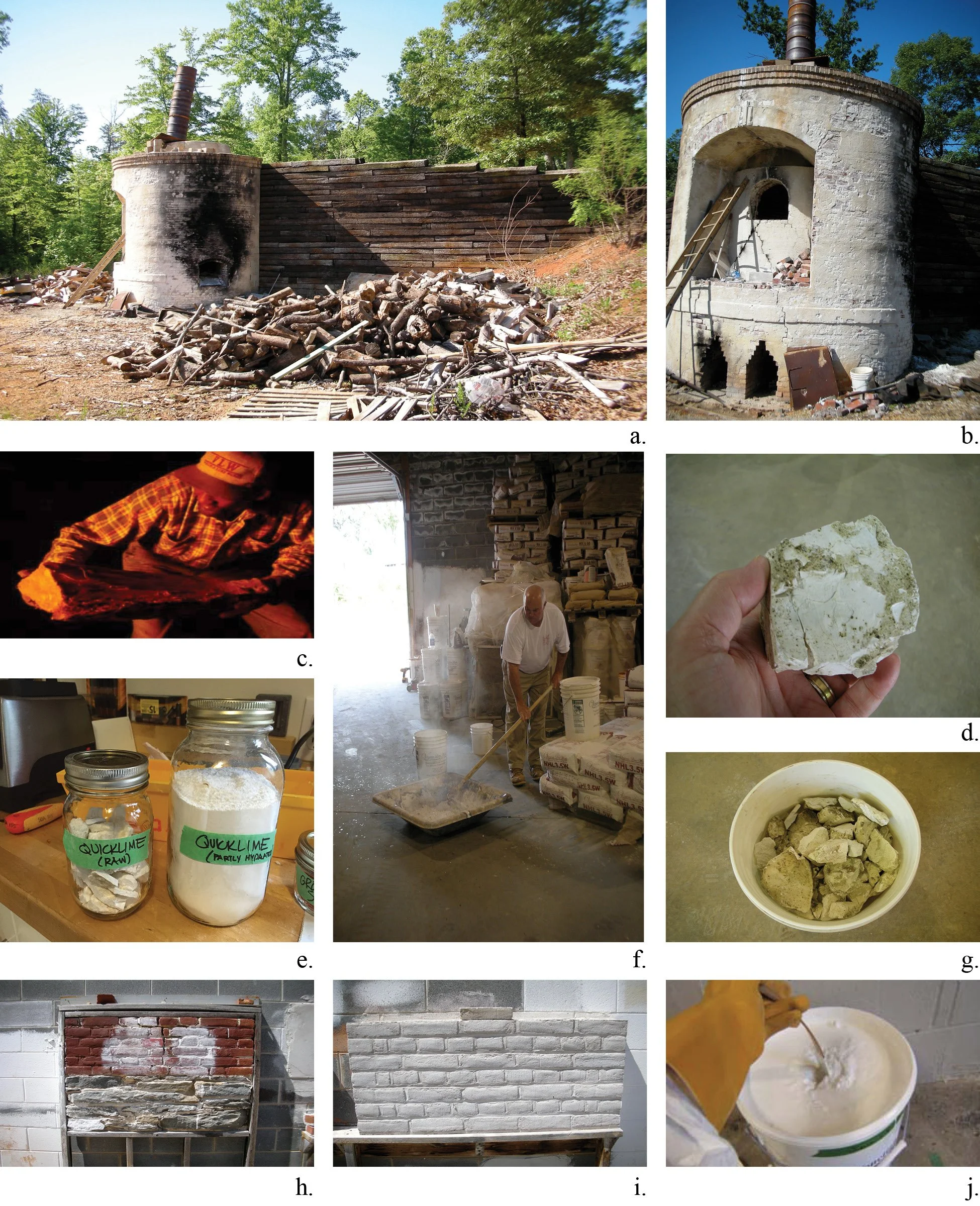 PLATE 2.13: Experiencing the transformation of limestone, May 2008. The traditional lime kiln at Virginia Lime Works: a) side view showing the ramp atop the wooden retaining wall up to the top where lime is dropped into the kiln and b) front view inc