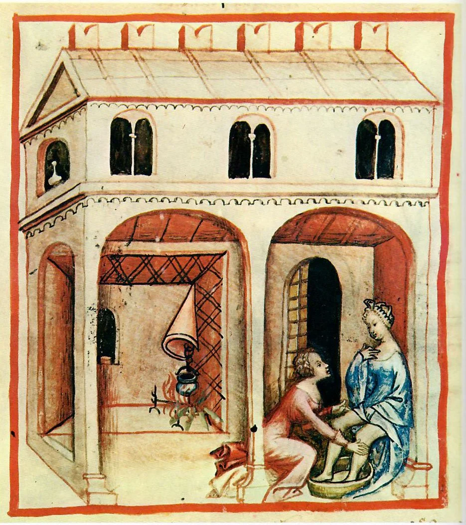 PLATE 2.18: Tacuinum sanitatus (The Medieval Health Handbook), entry for “Warm Water,” showing a typical chimney hood over a fire at the wall in the house. Vienna MS, f.89. unknown master, Public domain, via Wikimedia Commons.