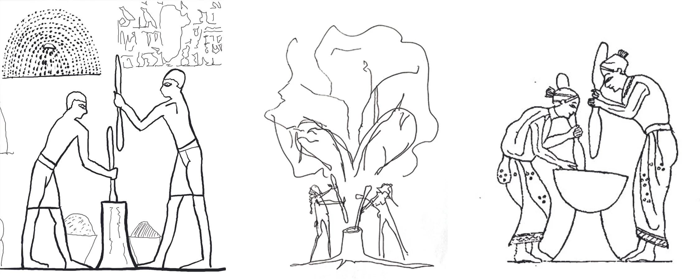 PLATE 2.11: Mortar and pestle. Left to right, Fresco of two men working a mortar (fragment of a wall painting in the Tomb of the 18th Dynasty Egyptian Rekhmire drawn by author); Branches of tree bending inwards back into trunk as uroboros (by author)
