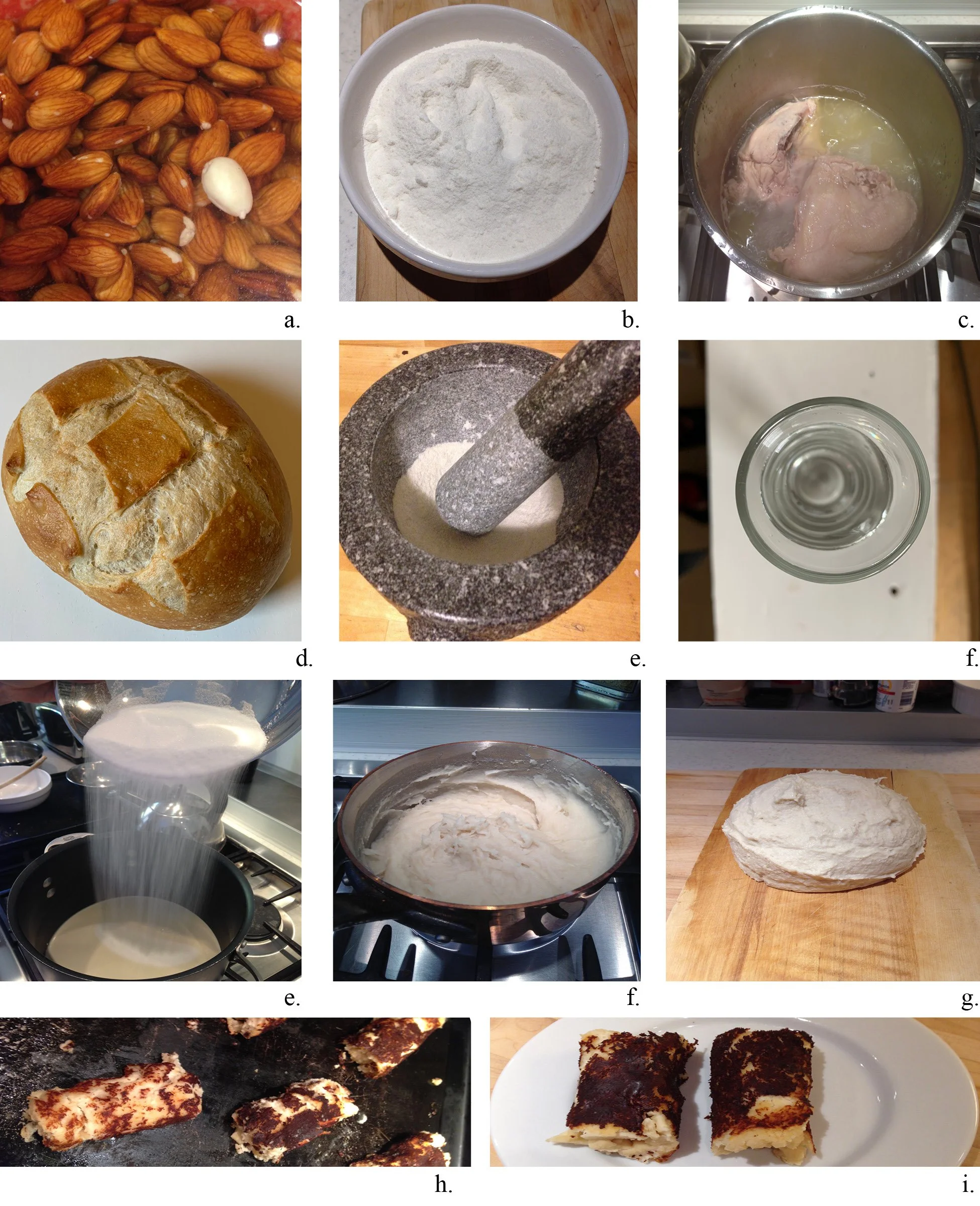 PLATE 2.14: Making blancmange. a) soaking almonds to make almond milk, b) fine white sugar pounded in the mortar and pestle, c) boiling the chicken breast, d) inner flesh from manchet (medieval loaf) of white bread used for thickener, e) mortar and p