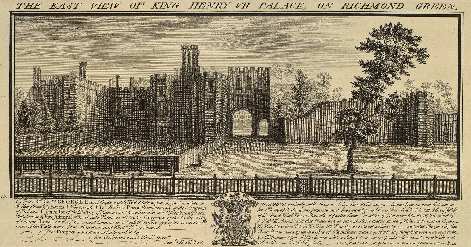 PLATE 2.3: The east entrance gate and walls of Richmond Palace opening on to the Great Court with a significant resemblance to Thornbury Castle. “The East view of Henry VII’s Palace on Richmond Green,” engraved by Samuel and Nathaniel Buck in Buck’s 