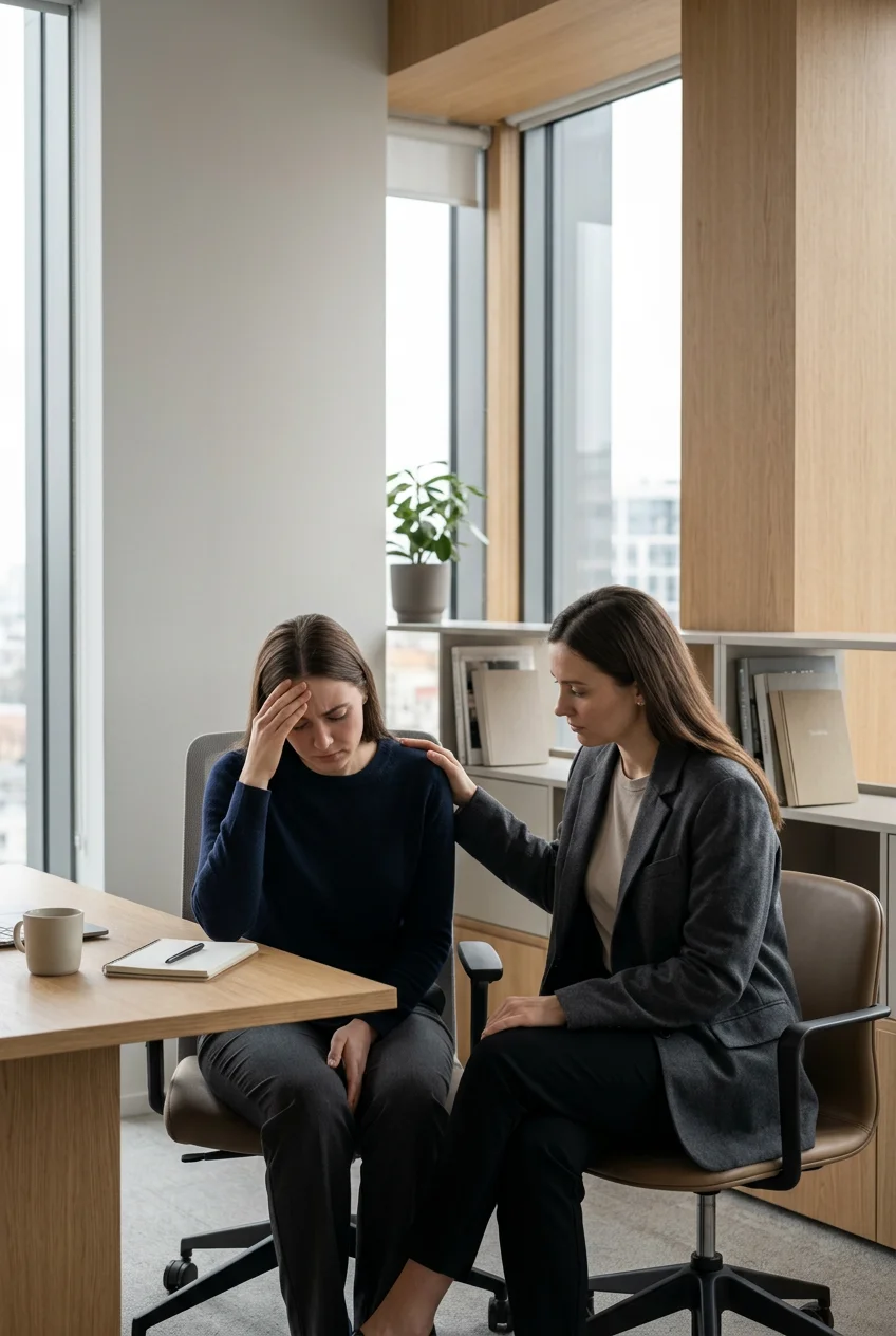 A woman in a gray blazer and another woman with a distressed expression in a navy sweater are sitting in office chairs in a modern office. The woman in the blazer is comforting the other with a hand on her shoulder. There are large windows, a potted plant, and bookshelves behind them.