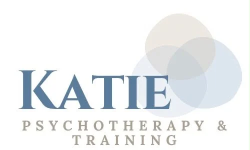 Katie Psychotherapy logo with overlapping beige, blue, and gray circles.