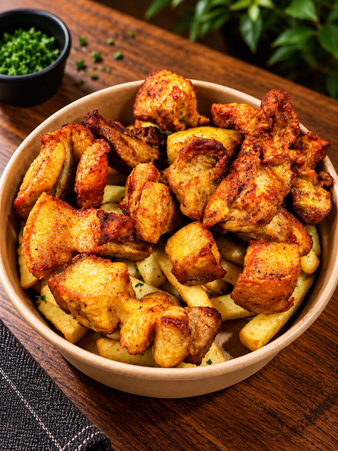 Pollo asado servido sobre papas en un tazón, con un fondo de plantas verdes y una taza pequeña con hierbas.