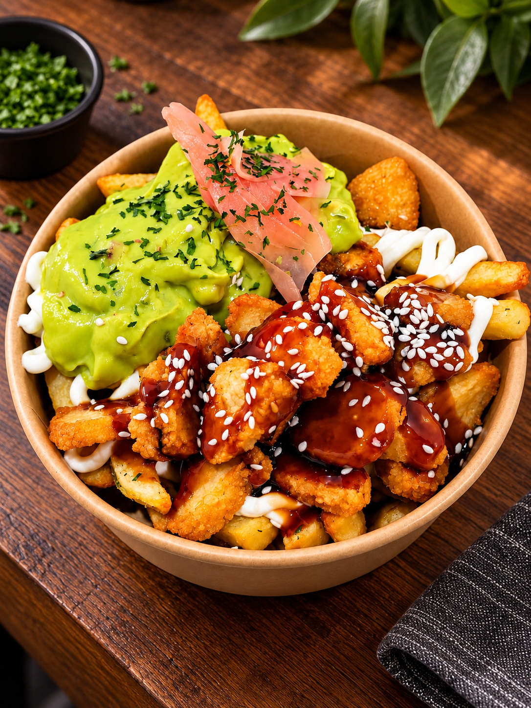 Ensalada con pollo frito, guacamole, tajadas de cebolla y ají, sobre papas fritas, con salsa y semillas de sésamo.