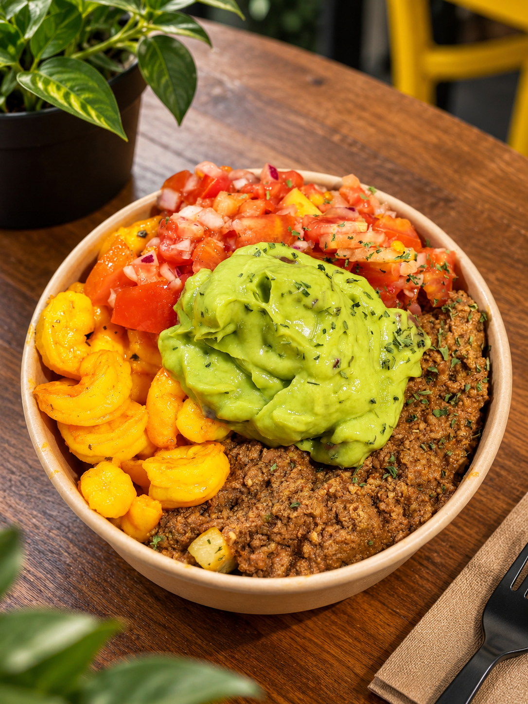 Ensalada bowl con tomate, cebolla, aguacate y carne molida