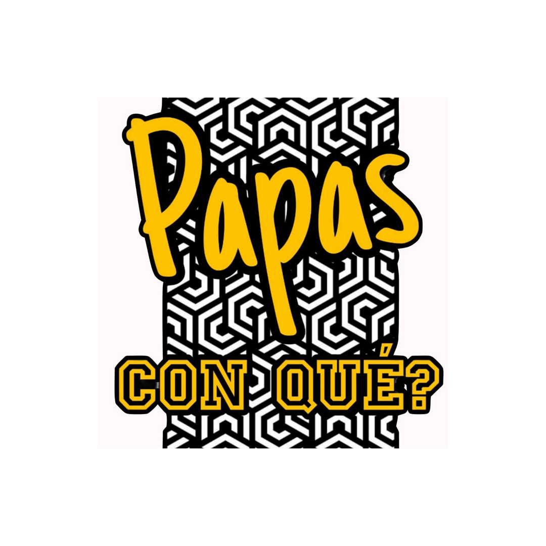 Texto que dice '¿Papas con qué?' sobre un fondo de patrón geométrico en negro y blanco, con letras amarillas y negras.