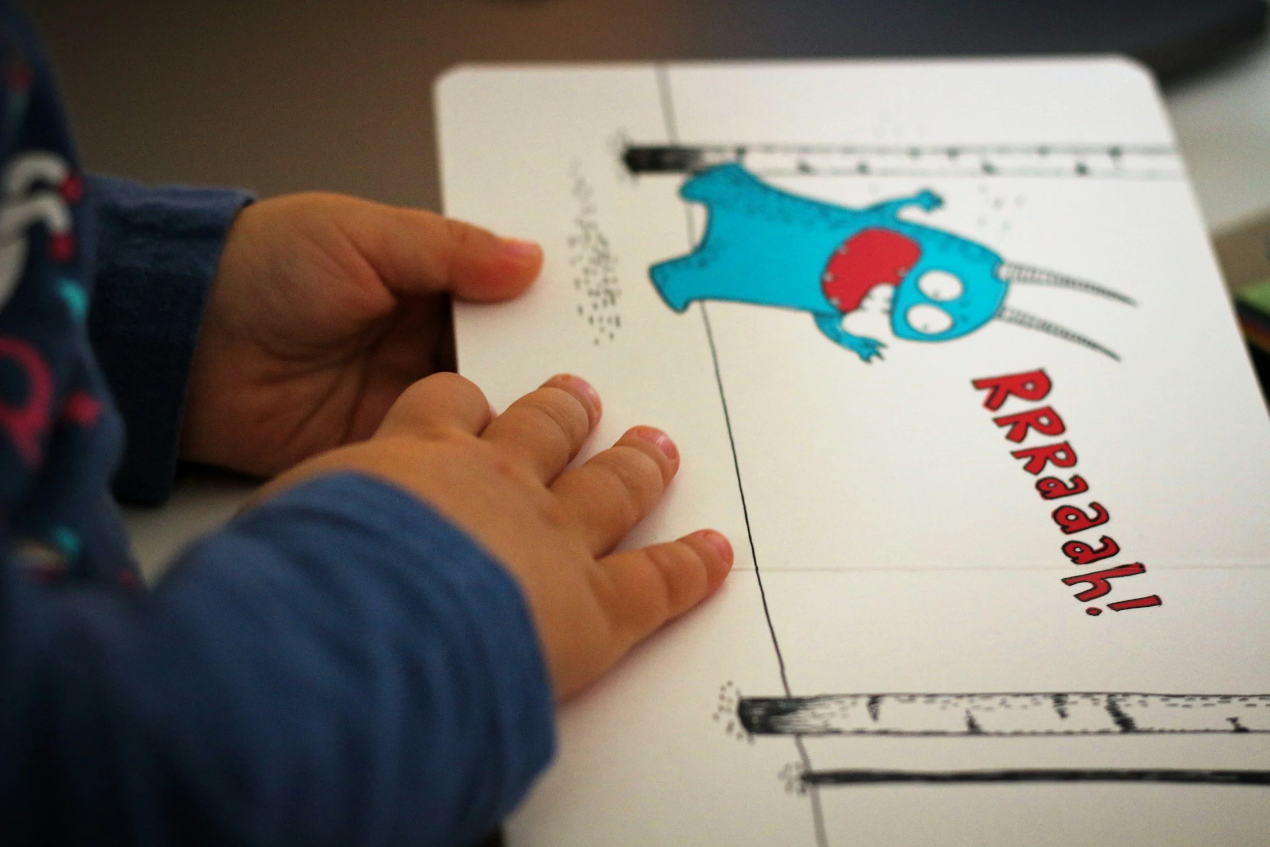 A child's hands holding open a picture book