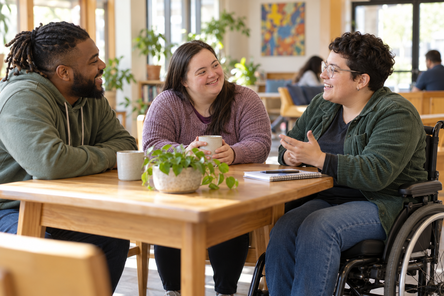 Three adults, including a wheelchair user, sharing a conversation at a community table