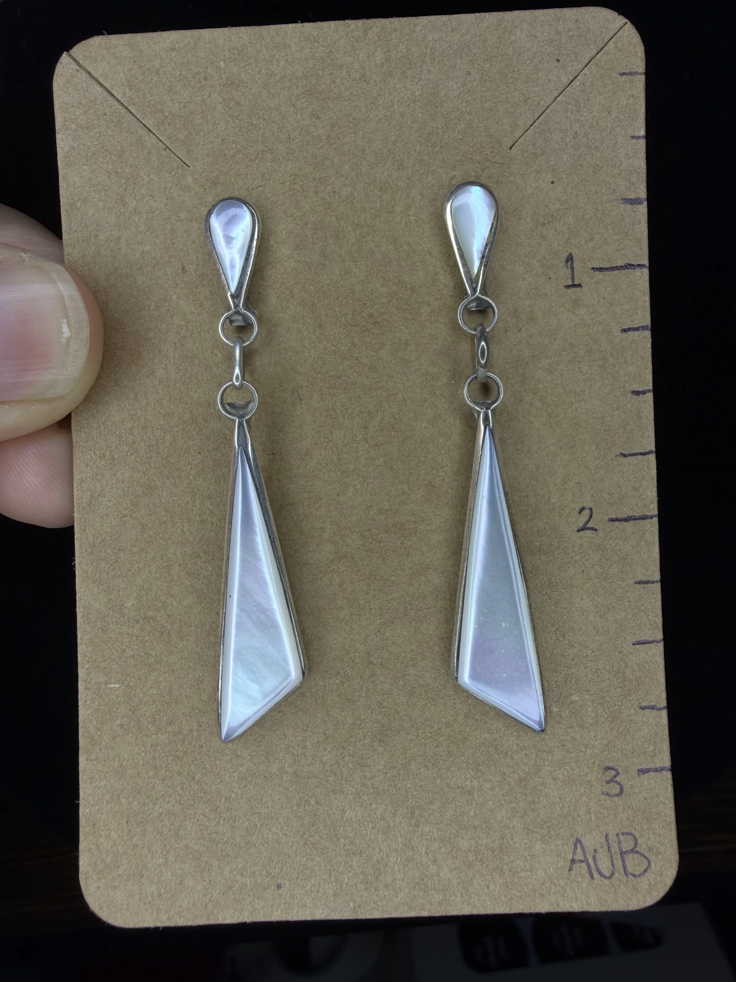 Native American Zuni Angela Gasper Sterling Silver Mother of Pearl Dangle Earrings
