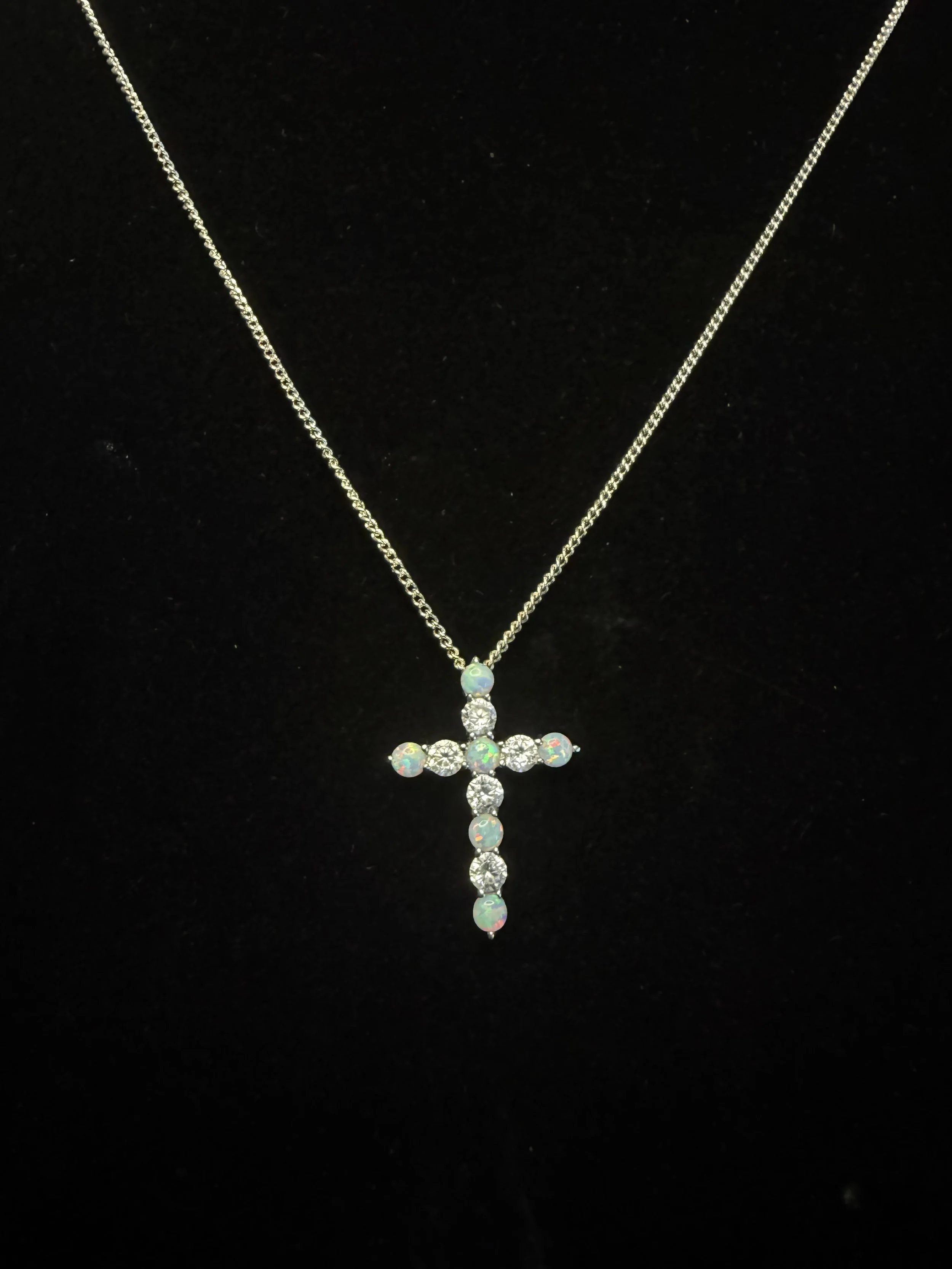 Vintage Sterling Silver Lab Opal + Cubic Zirconia Cross Necklace